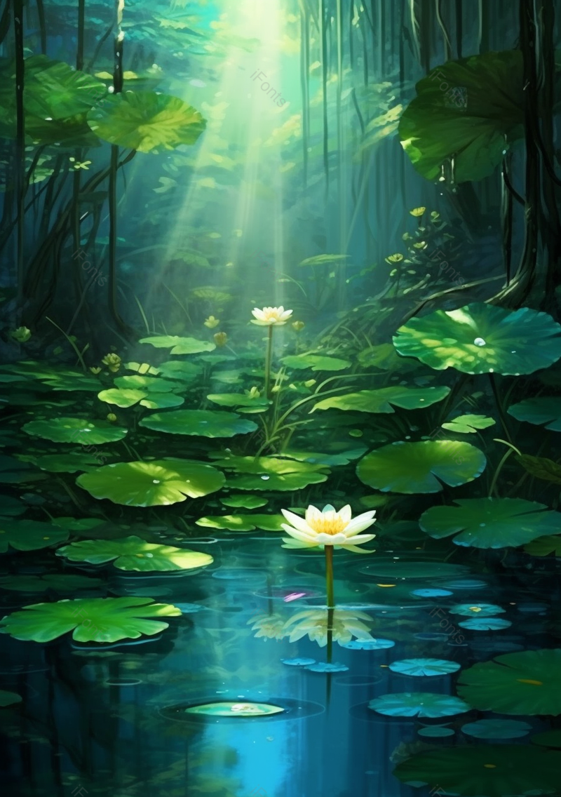 深林中荷塘荷花盛开美景插画绿色背景,插画/手绘图,插画/手绘图库,插画/手绘图下载,插画/手绘